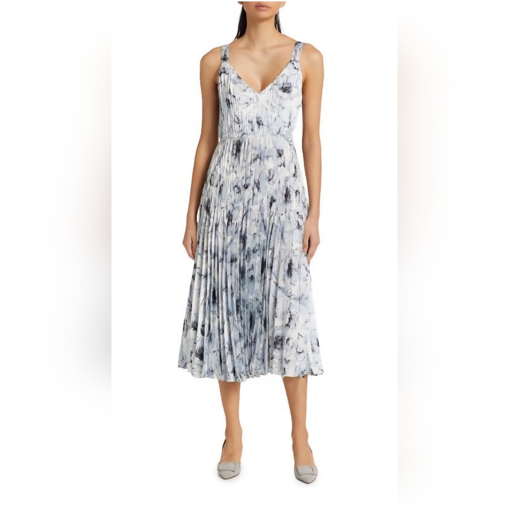 Vince Washed Lily Pleated V-Neck Midi Dress Petite SMALL